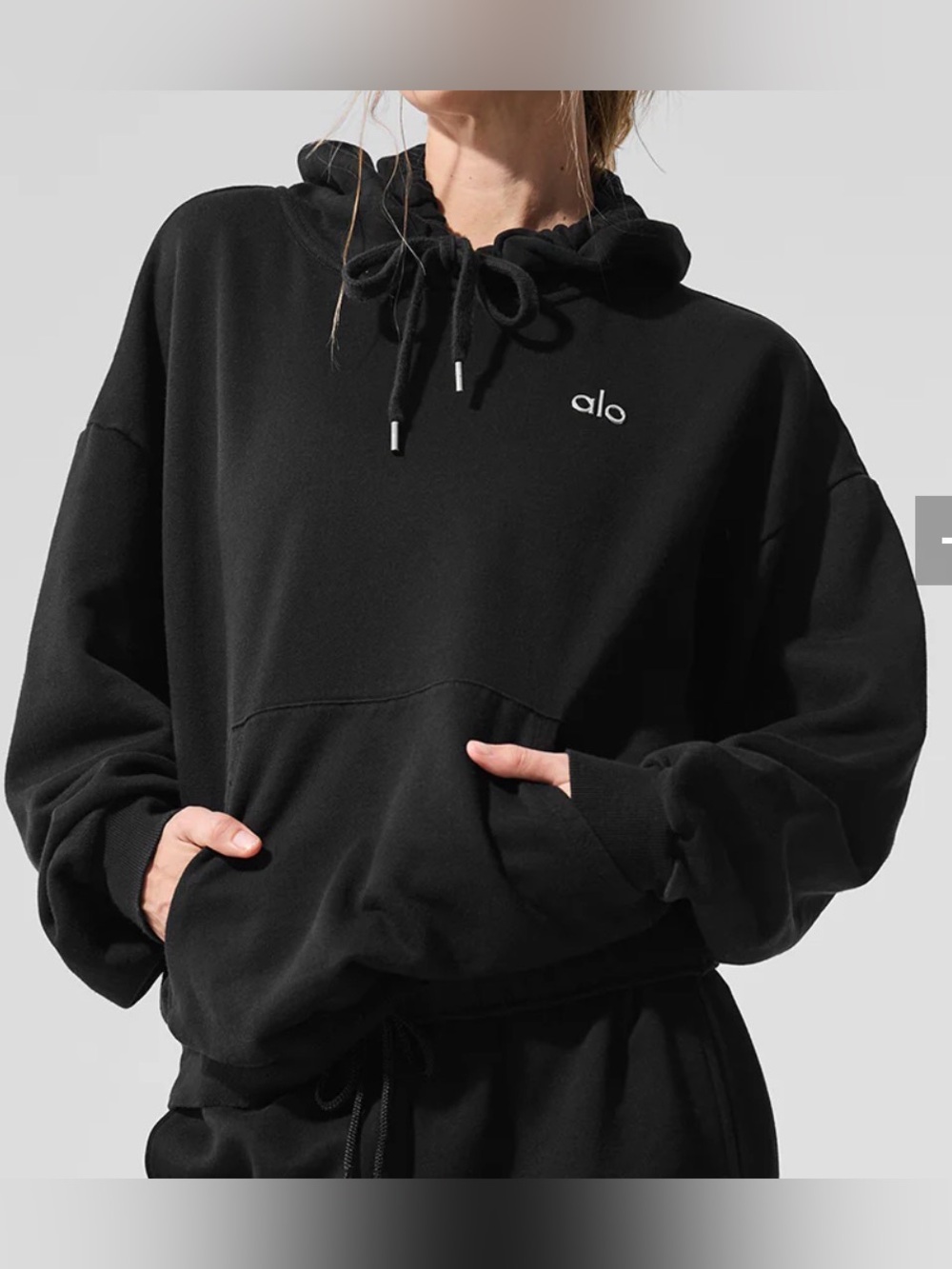 ALO Yoga Accolade Black Crewneck Hoodie with Embroidered Logo